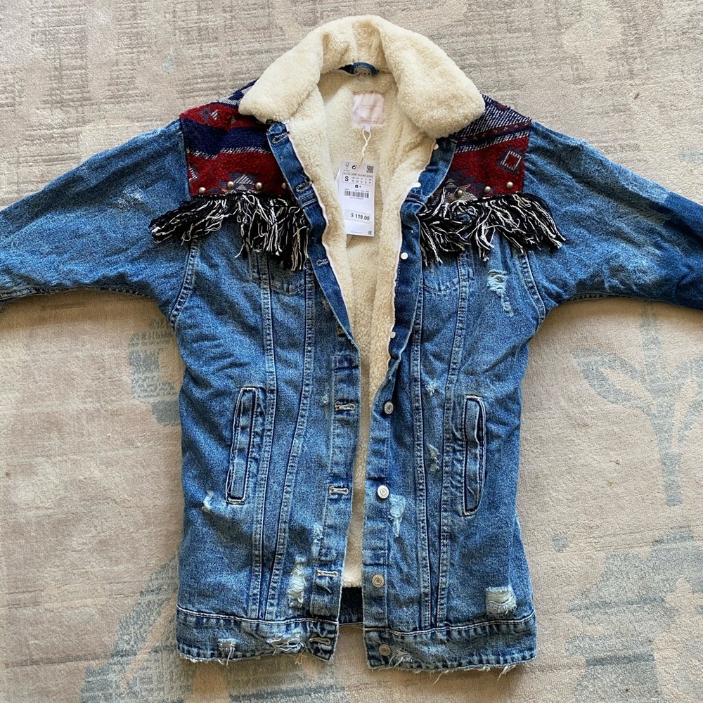 Zara Denim Sherpa Coat with Fabric Pattern